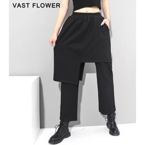 Black Elastic Waist Fake Two Irregular Harem Pants Women New Vintage Loose Casual Trousers Fashion Streetwear Spring Autumn 2021