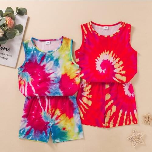 Kids Boys Girls Fashion 2-piece Outfit Set Sleeveless Tie-dye Tops+Shorts Set For Children