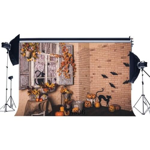 Photography Backdrops Halloween Pumpkin Fresh Flowers Autumn Harvest Greeting Leaves Vine Bats Photo Background