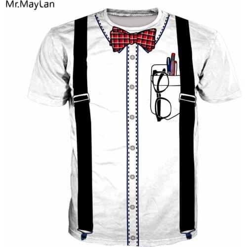 Fake Bib Bow tie Glasses Pens Print 3D T-shirt Men Women Hip hop White Tee t shirt Hipster Streetwear Boy Tshirt Clothes 5XL 6XL