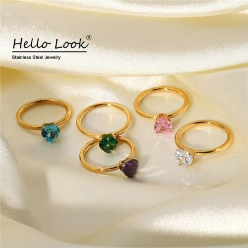 HelloLook Love Heart Zircon Rings 18K Gold Plated Stainless Steel Rings Engagement Rings for Women Couple Wedding Rings