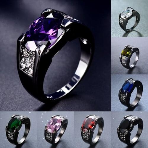 Elegant Male Female Rainbow Zircon Ring Vintage 14KT Black Gold Wedding Rings For Men Women Vintage Oval Crystal Engagement Ring