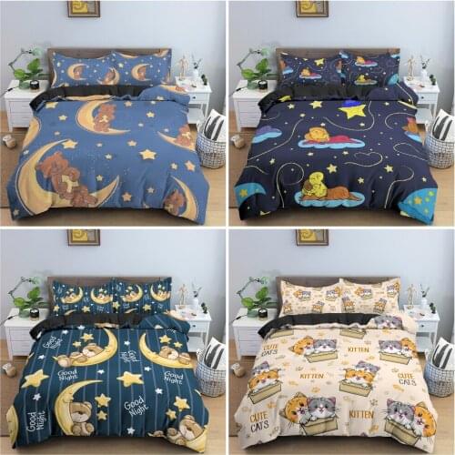 2/3Pcs Night Bear Pattern Bedding Set For Kids Bedroom Duvet Cover Sweet Dreams Bedclothes Pillowcase King Twin Baby Size