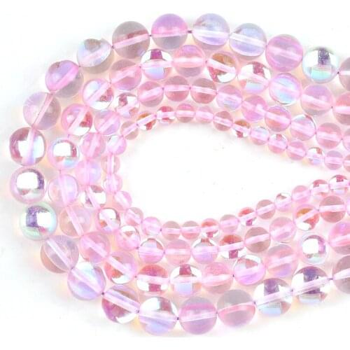 Round Light Pink Flash Crystal Glass MoonStone Glitter Loose Beads 15''6/8/10/12mm For Jewelry Making DIY Charms Bracelet