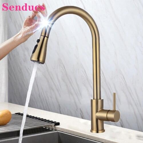 Smart Touch Kitchen Faucets of Brushed Gold Pull Out Kitchen Mixer Tap Sensitive Sensor Kitchen Tap Smart Touch Kitchen Faucet