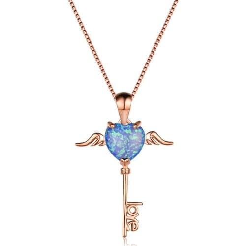 Hot Sale Exquisite Love Heart Key Pendant Blue Rose Gold Color Necklaces For Women Gifts