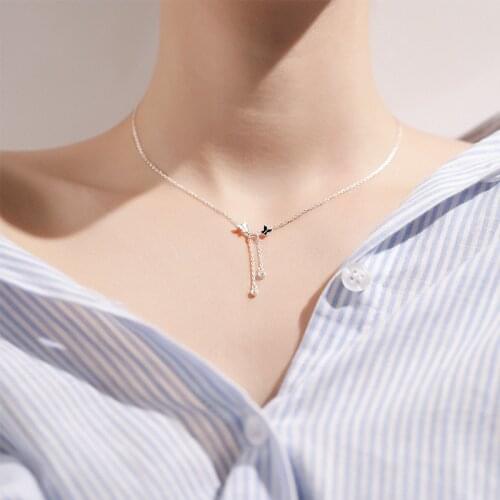 Lovely 925 Sterling Silver Micron Zircon Tassel Butterfly Pendants Necklaces For Women Wedding Jewelry Clavicle Choker Necklace