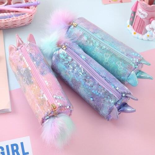 Cute Unicorn School Pencil Case for Girls Boys Pencilcase Sequin Pen Box Girls Make Up Bags Big Pencase Bag Stationery Supplies