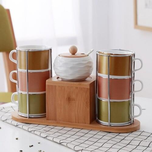 Creative European Cup Set Bamboo Wood Frame Ceramic Coffee Afternoon Flower Tea and Plate