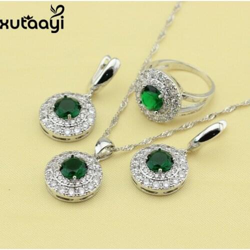 Fancy Silver Bridal Wedding Fashion Health Jewelry Set,Clean Imitated Green Stones White CZ Earrings Necklace Pendant Rings