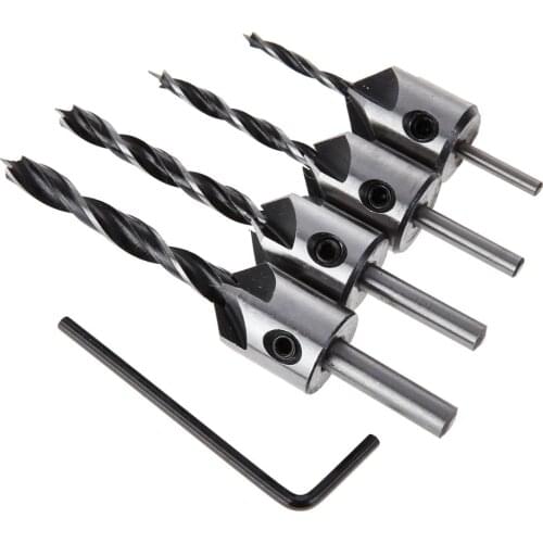 4Pcs HSS 5 Flute Countersink Drill Bits Countersunk Head Drilling Bit Set 3 Tips Screw Woodworking Chamfer Tool