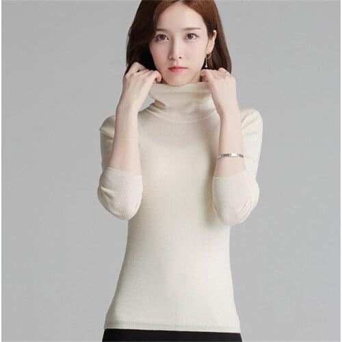 New arrival pure wool solid knit women sweet high neck slim pullover sweater white 7color M-XL retail wholesale