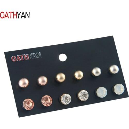 OATHYAN 6 Pairs/Set Classic Rose Gold Color Metal Ball Stud Earrings Set For Women Round Acrylic Crystal Earring Ladies Jewelry