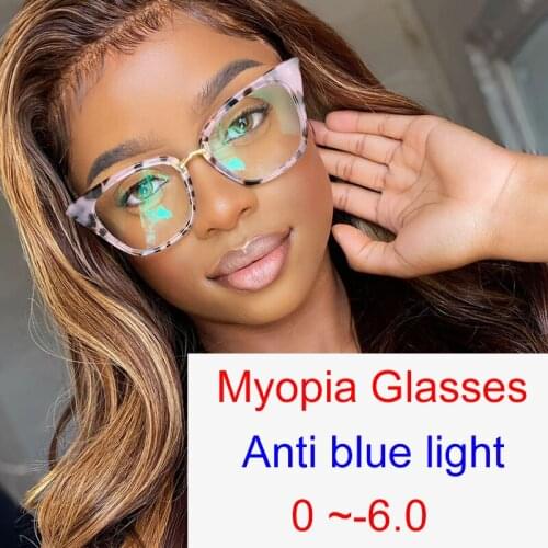 Retro Luxury Brand Myopia Glasses Blue Light Filter Computer Screen Near-Sighted Diopter 0 to -6.0 Pink Leopard Women Eyeglasses