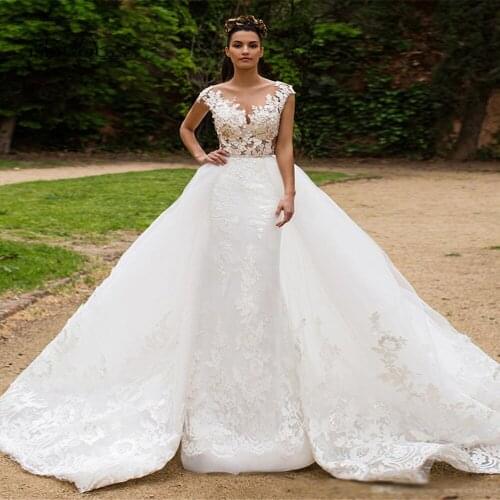 Detachable Train Mermaid Wedding Dress 2021 Cap Sleeve 2 In 1 Romantic Appliques Button Bridal Gown Custom Made Vestido De Noiva