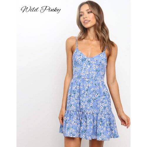 WildPinky Boho Casual Floral Print Dress Sleeveless Holiday High Waist Buttoned Womens Dress Fashion Mini Summer Dress Vestidos