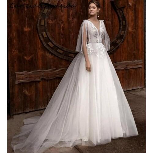A-Line V-Neck Simple Wedding Dress with Bow on the Shoulder Sweep Train Bride Dress