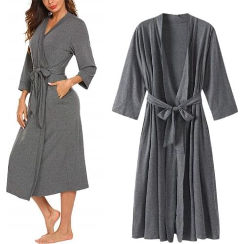 Simple Solid New Hot Selling Womens Long Cardigan Bathrobe Nightgown V-neck 7-point Sleeve Pajamas Gray Womens Robes Sleepwear