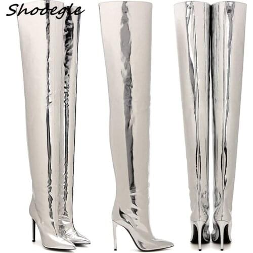 SHOOEGLE Hot Fashion Woman Mirror Silver Metallic Leather Ankle Boots Booties Pointed Toe High Heels Sexy Ladies Shoes Botas