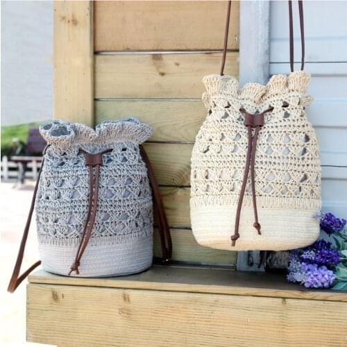 Straw Handmade Knitted Bag Women Fashion Travel Shoulder Drawstring Bucket Bags Girls Beach Tassel Crocheted Grass Woven Handbag