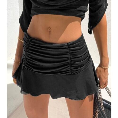 Women Casual Pleated Hem Skirt Solid Color Elastic Waist Short Skirt Black/ White/ Orange