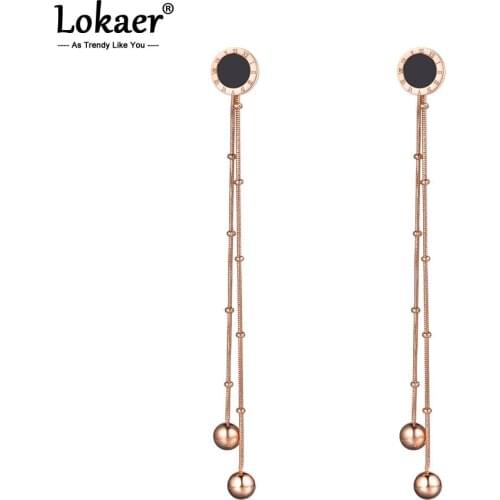 Lokaer Titanium Steel Bohemia Tassel Earrings Jewelry Rose Gold Black Acrylic Roman Numerals Dangle Earrings For Women E19138