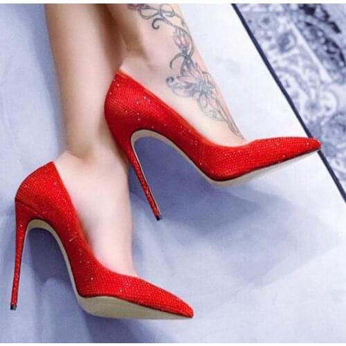 Moraima Snc Newest High Heel Shoes Pointed Toe Thin Heels Pumps Red Crystal Embellished Wedding Heels for Woman Dress Shoes