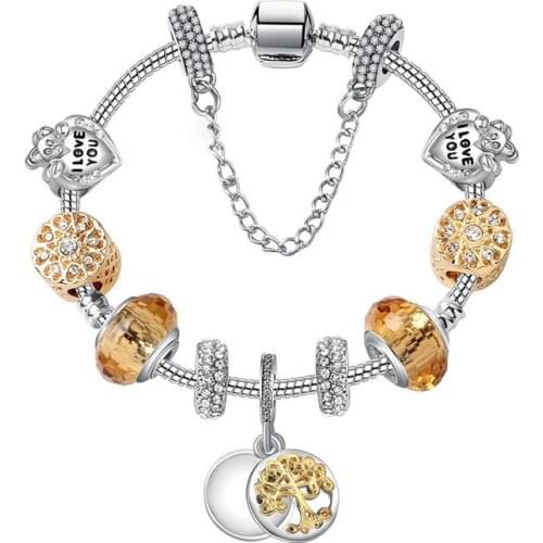 Family Tree Charm Bracelet Women Handmade Gold Beaded Bracelet DIY Snake Chain Bracelet