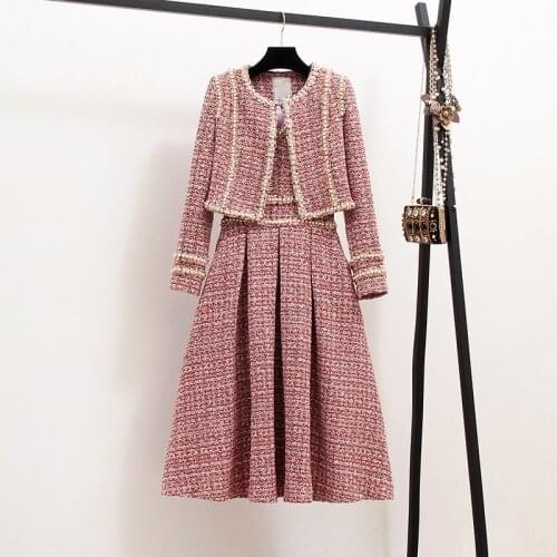New 2021 Autumn High Quality Women 2 Piece Set Tweed Short Jacket Coat+Beading Vest Dress Elegant Fashion Party Dresses 2 Sets