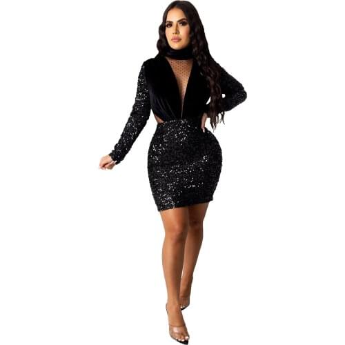 Zaggin 2021 Autumn Hot Women Solid 3-colors Sheath Mini Dress Sexy Sequined Hollow Out Mini Dress Lady V-neck Full Sleeve Dress