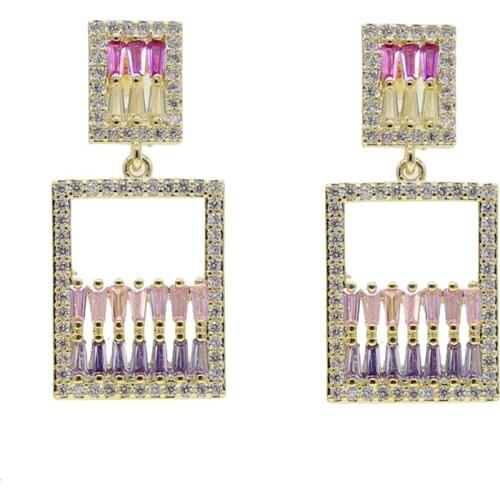 2020 Square Temperament dangle Earrings with color cz Real Golden Plated Copper Geometric Earrings Jewelry for Women High Q Gift