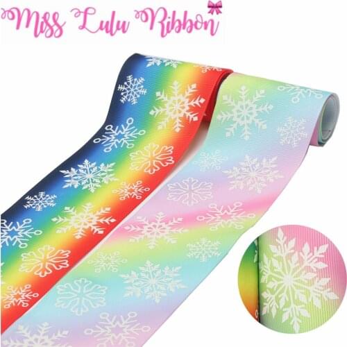 3"75mm White Ink Printing Glow in the Dark Christmas Snowflake Rainbow Stripes Printed Grosgrain Ribbon DIY Bows 50yards/roll