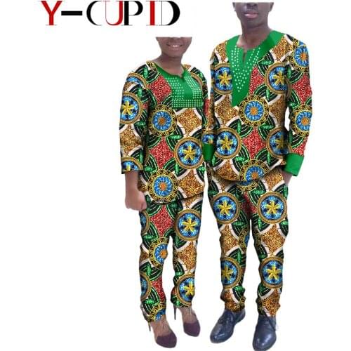African Clothes for Couples Bazin Riche Custom Women Clothing Matching Men Outfits Rhinestone Print Top and Pants Sets YA72C01