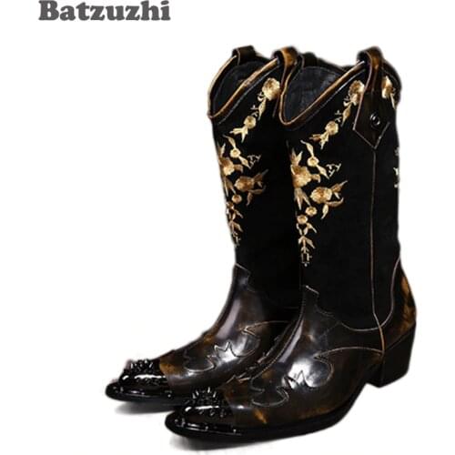 Batzuzhi Super Cool! Rock personality Man boots knight Motocycle boots Leather cowboy boots for Man, Man Leather Shoes, EU38-46