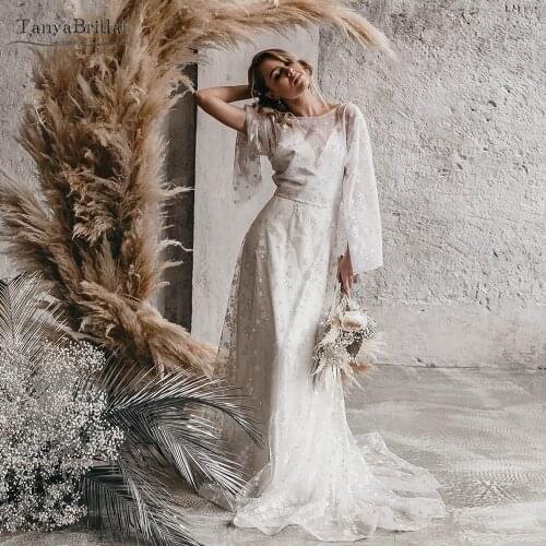 Flare Sleeve Bohemian Wedding Dresses Sparkly Star A Line Bridal Gowns Romantic Vestido De Noivas Chic DW583