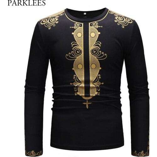 Black African Dashiki Print Tshirt Men 2018 Fashion Slim Fit Long Sleeve T Shirt Men African Streetwear Clothing Tee Shirt Homme