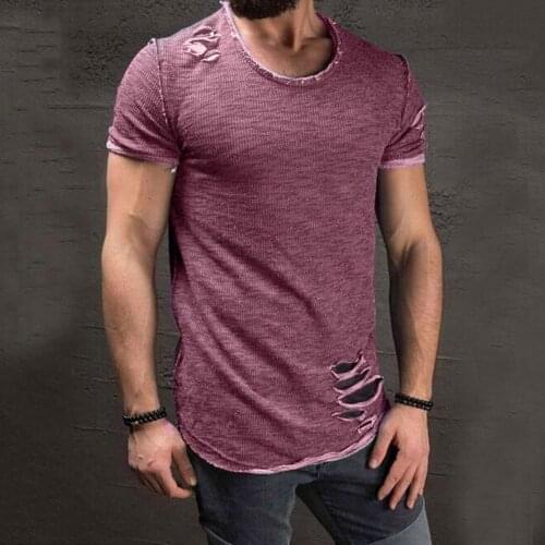 Summer T-shirt Solid Color Short Sleeve Cotton Blend Hole Design Top Pullover 2021 High Street Summer Casual Cotton Top for Men