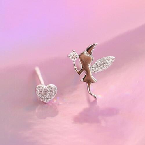 Exquisite Silver Plated Stud Earrings Cute Heart Flower Fairy Earrings Asymmetry Earrings Romantic Girls Jewelry Birthday Gifts