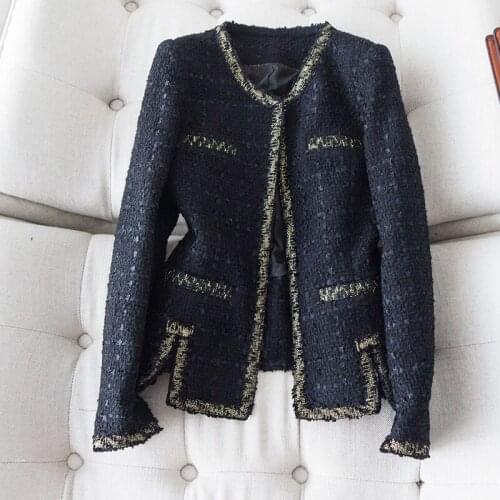 Classic Never Out of Date Knitted Coat with Contrast Gold Wire Trim for Slim Figure