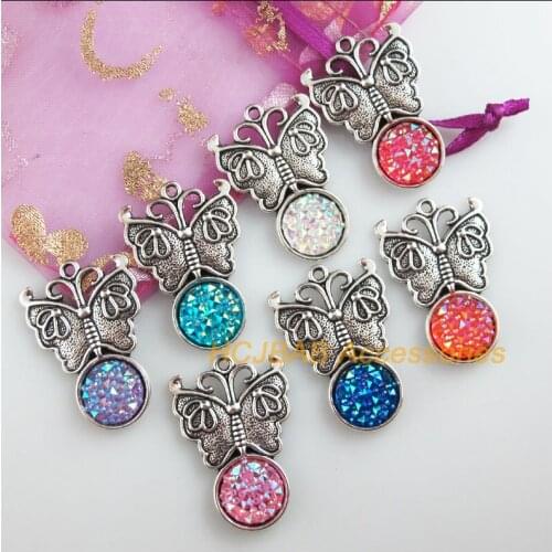 Fashion 7Pcs New Butterfly Charms Tibetan Silver Tone Retro Mixed Round Resin Pendants 23x34mm