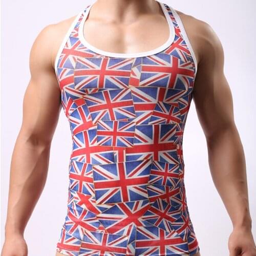 Men Mesh Sleevesless Tank Top Summer National Flag Print Transparent Hombre Man Print Sexy Fitness Tight Fitting Vest