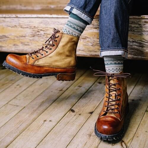 Men Retro Stitching Canvas COW Leather Autumn Breathable Tooling Handmade Shoes Casual Trend Men Boots