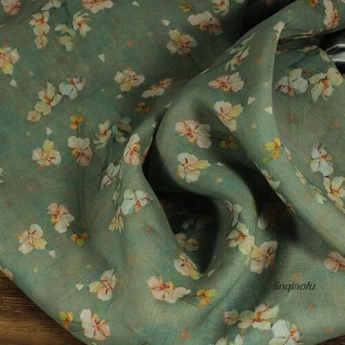 Original floral pure ramie printed fabric, high-end linen clothing dress robe fabric