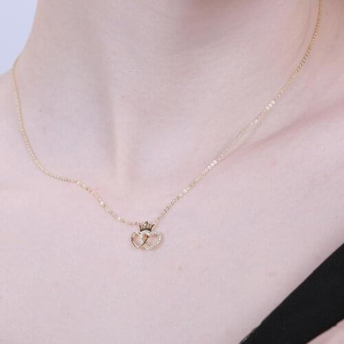 925 Sterling Silver Jewelry Female Gold Womens Pendent Double Heart Crown Gem Necklace for Women Girls Christmas Birthday Gifts
