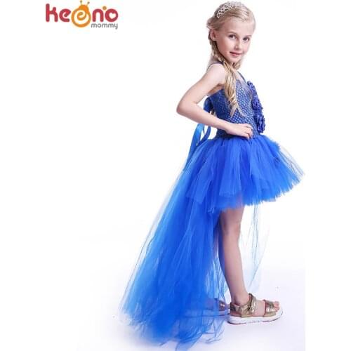 Royal Blue Flowers Girls Tutu Dress High Low Ice Princess Tulle Dress for Wedding Pageant Party Handmade Baby Photo Costume