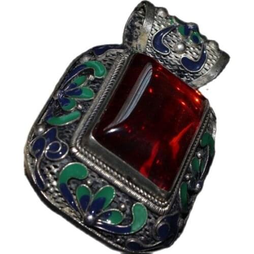 China Old Tibetan Silver Zircon Inlaid Cloisonne Tibetan Silver Square Pendant