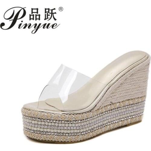 New Arrival PVC transparen Women Slippers Fashion shoes Platform heel Summer Slip on Open toe Wedges Slippers size 34-40