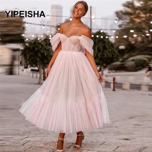 2021Off the Shoulder Pink Dot Tulle Prom Dress Sweetheart Short Sleeves Evening Dresses Tea-Length A-Line Party Gowns
