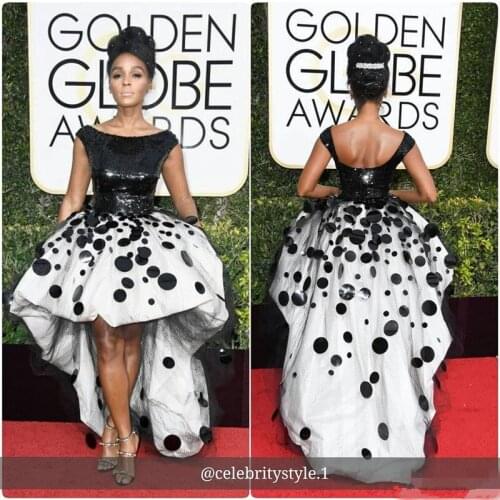 Sexy Janelle Monae Celebrity Party Dresses Ball Gown Black and White Sequins Handmade Flowers Golden Globe Prom Evening gown