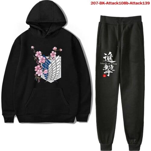 Harajuku Japanese Anime Graphic Hoodies Suit Set Attack on Titan Long Sleeves Sweatshirt Unisex Pullovers Tops Male Clothes